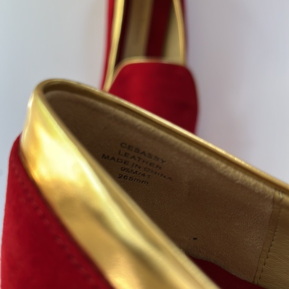 CAROLINNA ESPINOSA | Red Suede Leather Loafer trimmed in Gold - Picture 11 of 14